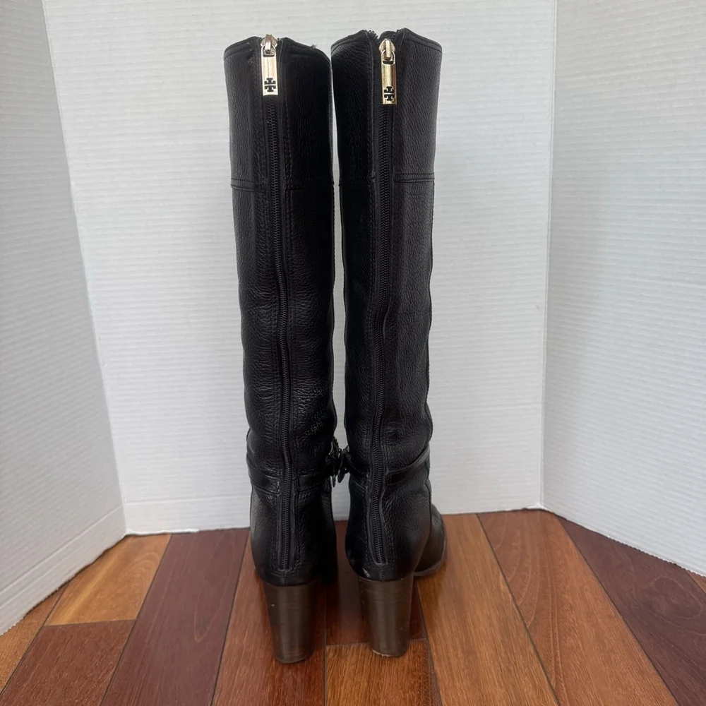 Tory Burch Jenna Leather Knee High Riding Boots Size:8 Black Square Toe